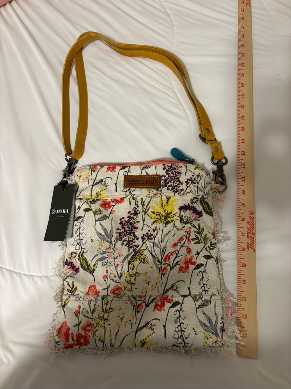 Myra Bag Floral Canvas Crossbody Purse Leather Strap Fringe Boho NWT